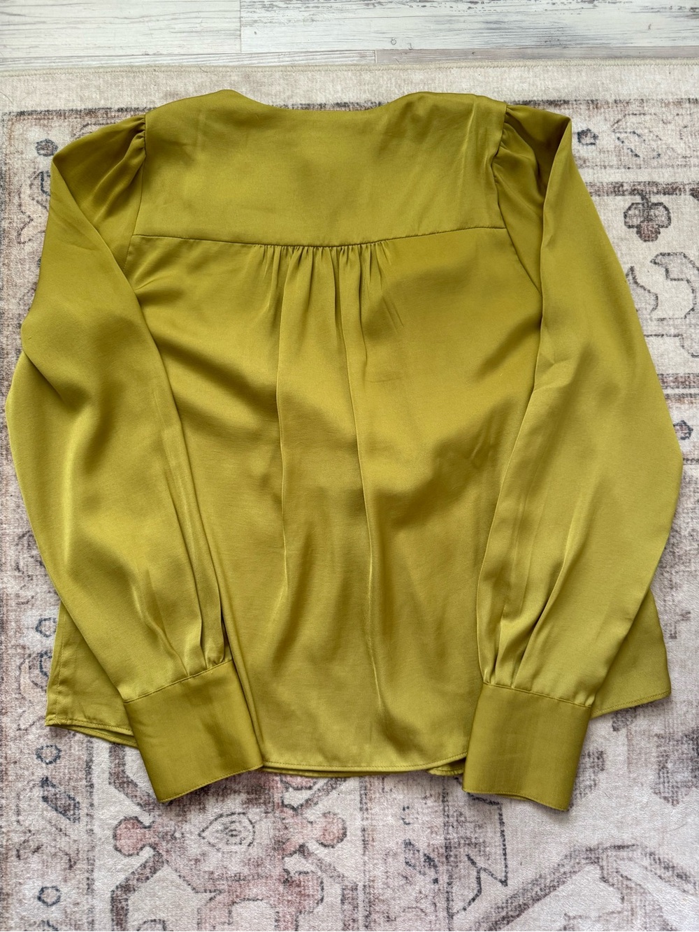 NWT Chartreuse LS Blouse, Office, Boho, Satin-like, Trending Color - Picture 7 of 8